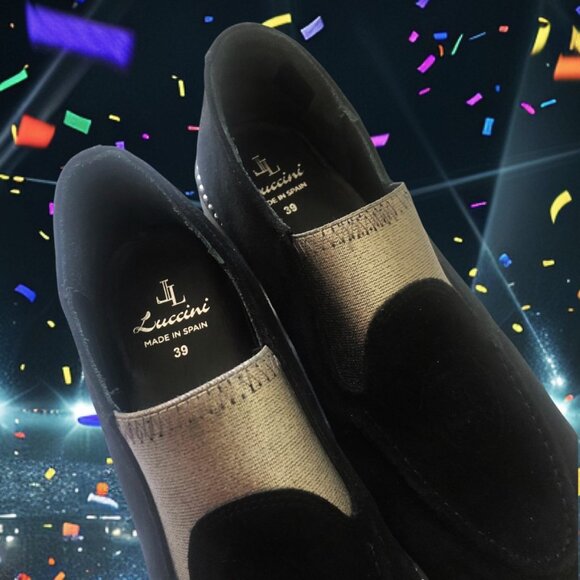 LUCCINI Elegant Black Suede Silver Elastic Ribbon Insert Loafers NEW Sz 7.5 - Picture 4 of 4
